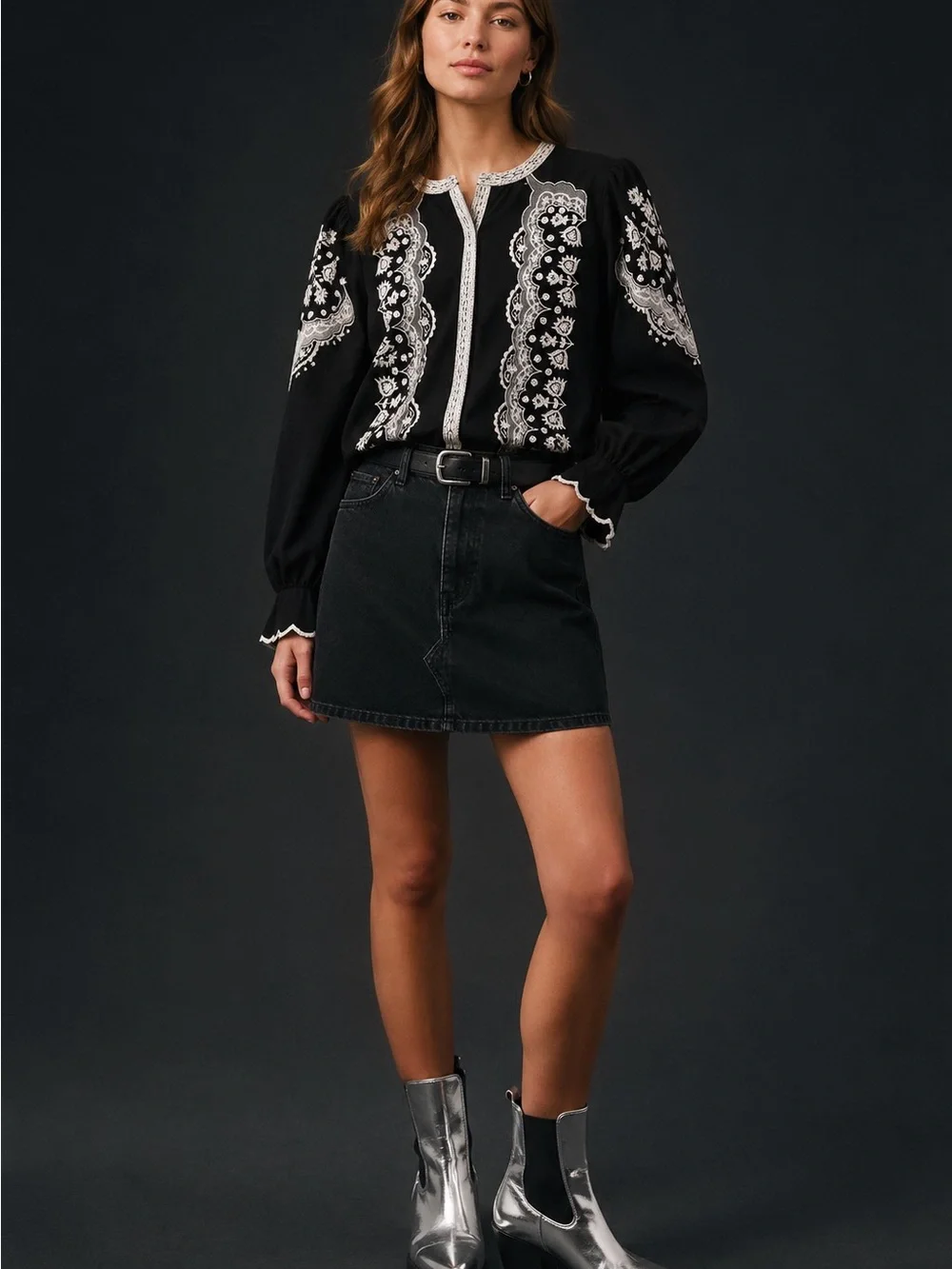 Anthropologie Jennifer Grace Embroidered Button-Down Blouse Black White Floral M